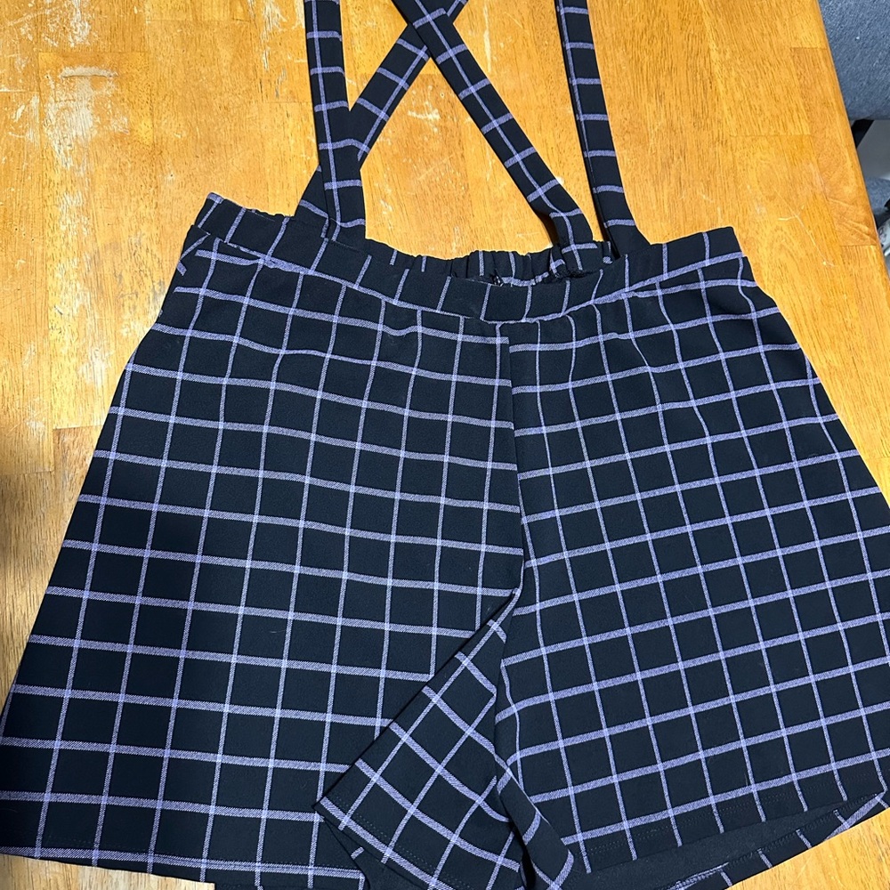 Boohoo Black and Purple Grid Print Suspender Shorts